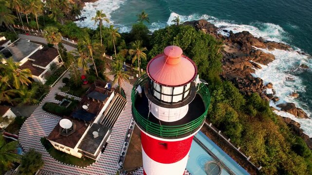 Lighthouse tower on a rocky coastline at sunset, Aerial View. Kovalam Beach whith Lighthouse in India, Kerala