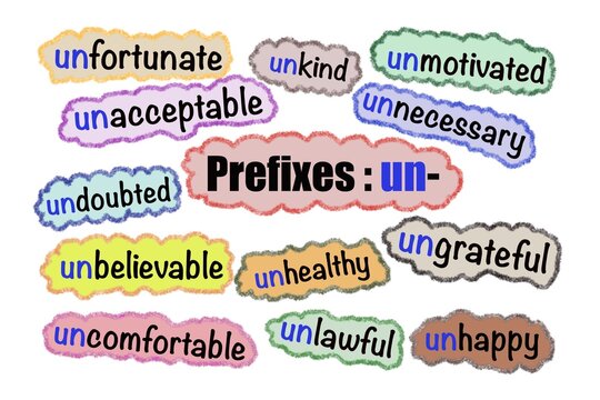 Illustration for education about Prefixes : un-. Hand drawn colorful bubbles clouds with English vocabulary that begin the word with &ldquo;un&rdquo;. Concept English grammar teaching aid. Prefix lesson.
