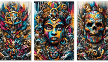 HD triptych art of graffiti from different cultures, simple artistic elements blended with street art, vibrant colors, mixed media, white background