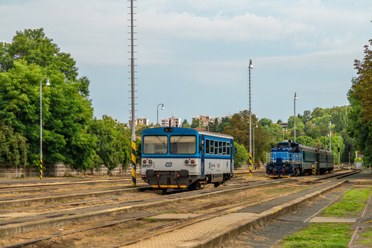 Old passenger unit engine in summer cloudy day in Slany station CZ 08 17 2024