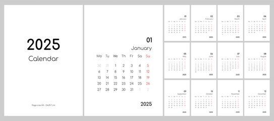 Calendar for 2025. Black and white, A4, English. Set of 12 pages and cover.