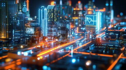 Obraz premium A highly detailed city featuring illuminated skyscrapers and smart city technology operated by artificial intelligence in a vibrant nighttime setting