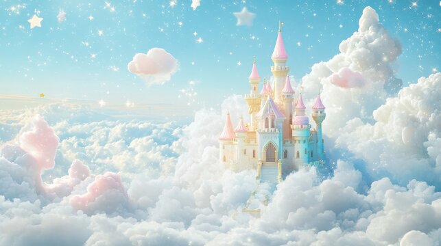 A whimsical castle floating among fluffy clouds under a bright blue sky.
