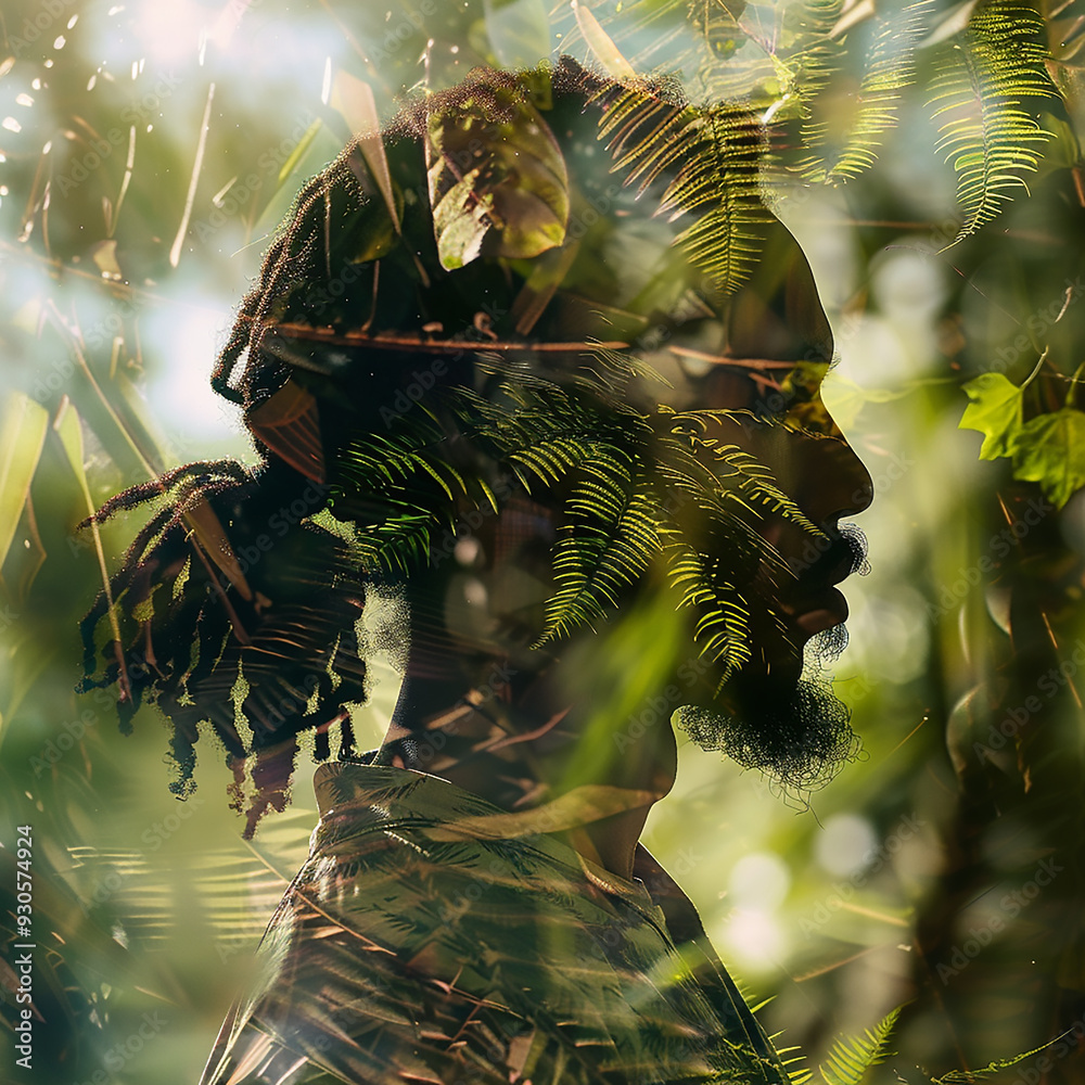 Wall mural A Rastafarian figure blends seamlessly with a lush, tropical forest, the leaves and branches intertwining with his aura in a double exposure effect. 64k, UHD, High definition a?