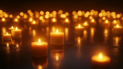 Softly glowing candles floating on water in a dark, tranquil setting.