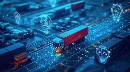 Futuristic logistics network with AI-based truck route visualization in a smart city environment, showcasing technological advancements.
