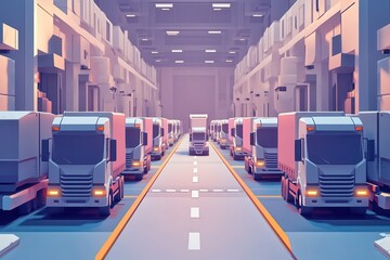 Naklejka premium Modern warehouse with rows of trucks, showcasing efficient logistics and transportation within a high-tech distribution center.