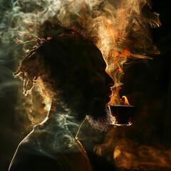 A reggae musician's profile merging with the smoke from a burning chalice, the smoke and figure...