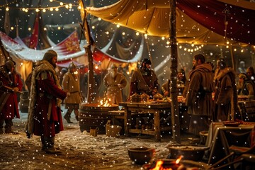 Historical Viking Reenactment with Warriors and Villagers in Snowy Setting