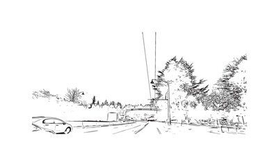 Print Building view with landmark of   Stanley is the capital in Falkland. Hand drawn sketch illustration in vector.