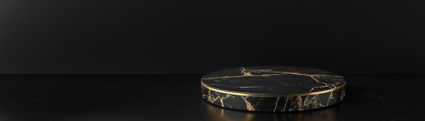 Obraz premium Empty black and gold marble stone round product display podium against black background 