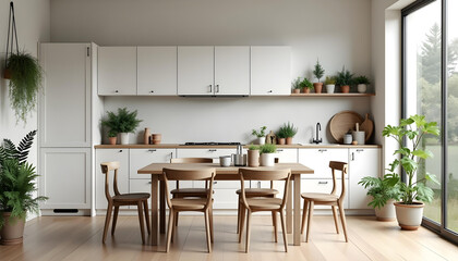 Modern Kitchen Interior with Dining Table and Plants