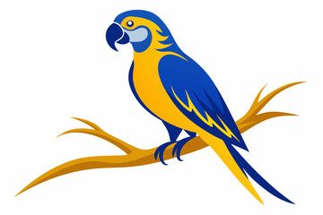 A Blue and Gold Macaw perched parrot Silhouette Vector Style with A Tree Branch on a White Background