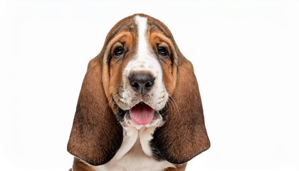 笑顔のバセット・ハウンドの子犬のポートレート（Portrait of a smiling Basset Hound puppy on white background）
