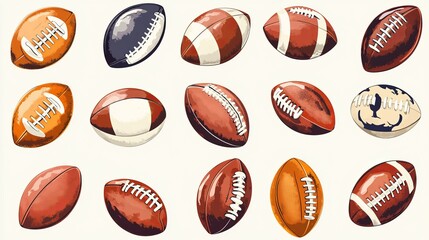 A set of vector illustrations featuring American football themes, including a rugby ball collection, football silhouettes, an American football ball, and various sports ball vectors.