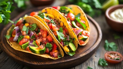 A raw vegan taco filled with marinated vegetables, fresh salsa, and cashew sour cream, served on a rustic wooden plate with colorful garnishes