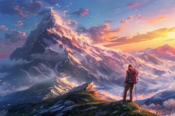 Fototapeta premium Lone Hiker Overlooking Majestic Mountain Valley at Dawn Summit.