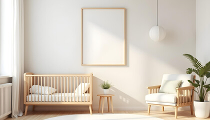 Modern Nursery Interior with Wooden Crib, Armchair, and Plant