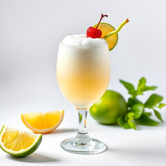 A glass of orange cocktail with a cherry and orange slice garnish, surrounded by fresh limes and mint leaves