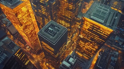 Aerial view of modern skyscrapers in a bustling business district at sunset. The buildings glow with golden hues, reflecting the last light of the day