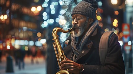 dark-haired man playing saxophone in defocused city with christmas lights