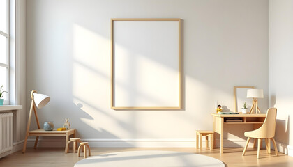 Minimalist Home Office with Empty Picture Frame, Wooden Desk, and Chair