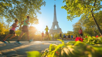 People run energetically in a park; the Eiffel Tower stands tall under a bright blue sky.