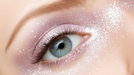 A woman showcases her stunning face adorned with colorful glitter and geometric patterns, radiating beauty and creativity against a backdrop of shimmering lights