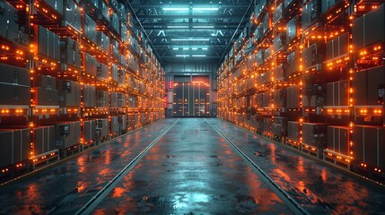 Advanced warehouse management system utilizing augmented reality technology for package identification, picking, and delivery. A future concept in supply chain and logistics.