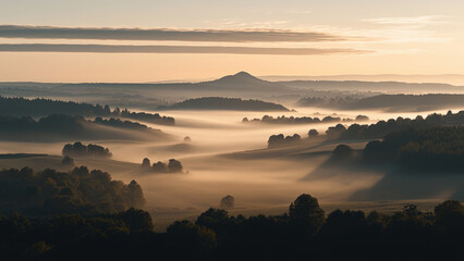 Obraz premium Misty sunrise over rolling hills and forested valleys with serene and tranquil atmosphere