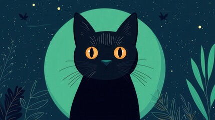 Fototapeta premium A whimsical illustration of a black cat with striking yellow eyes against a night sky background. Perfect for cat lovers.