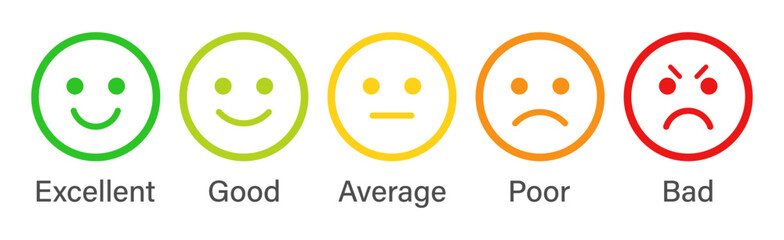 Rating emoji set in stroke style for customer feedback or product experience in different colors. Five-star rating emoji icon set. Emoji feedback scale. Rating emoji collection. Vector illustration.