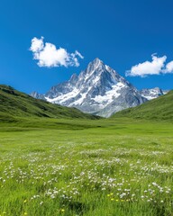 Fototapeta premium Breathtaking mountain scenery with lush green meadow and blooming wildflowers under a bright blue sky.