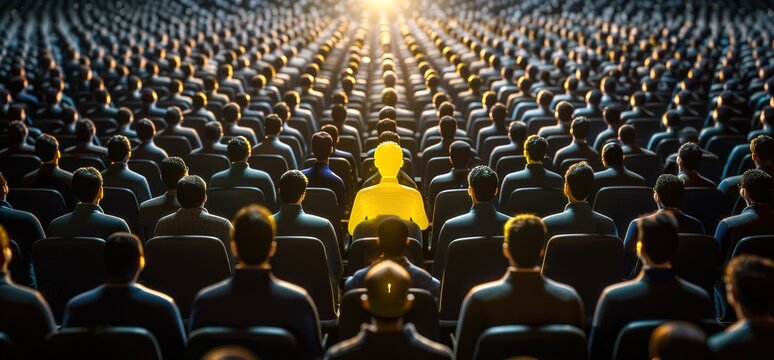A single golden figure stands out in a crowd of dark figures, symbolizing individuality and leadership. The bright light behind the golden figure emphasizes its unique presence.