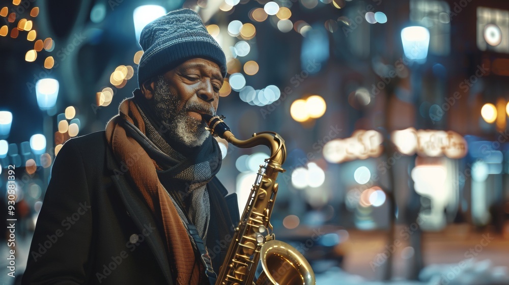 Wall mural dark-haired man playing saxophone in defocused city with christmas lights