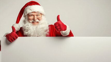 Naklejka premium Smiling Santa Claus showing thumbs up, class, bottom blank white advertising banner background with copy space