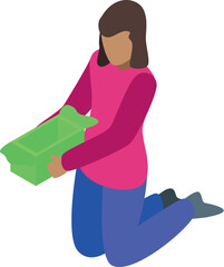 Young woman is kneeling and opening a green cardboard box