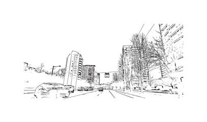 Fototapeta premium Print Building view with landmark of Stanley is the capital in Falkland. Hand drawn sketch illustration in vector.