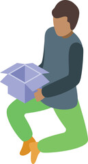 Young delivery man is kneeling and holding an open cardboard box