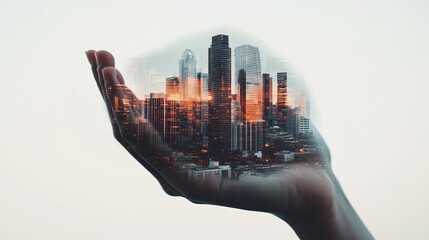 Double Exposure of a Hand Holding a Cityscape at Sunset. Creative and Symbolic Concept Illustrating Urban Development, Control, and the Power of Human Influence