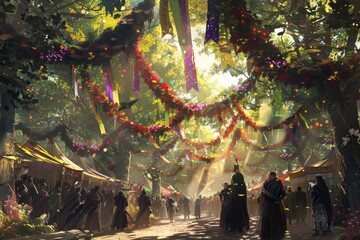 Fototapeta premium Lively Renaissance Festival Scene with Performers and Spectators Celebrating