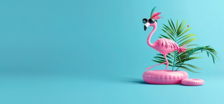 Pink flamingo wearing sunglasses and a hat on a pink inflatable ring on a blue background with palm leaves. Fun summer vacation concept.