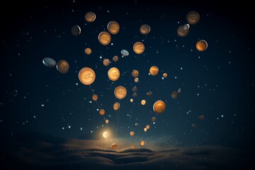 A surreal scene of floating celestial bodies in a starry night sky over a sandy landscape.