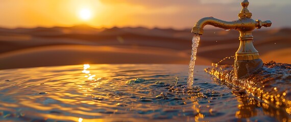 A golden faucet pours water into a pool with a desert sunset in the background. A symbol of life and hope in a dry environment.