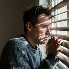 Thoughtful depressed man looking through window blinds. Depression. Anxiety. Mental health issue. Stress. Sad. PTSD