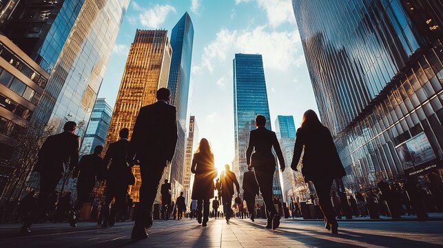 A group of business professionals walking through a city business district, with skyscrapers towering overhead