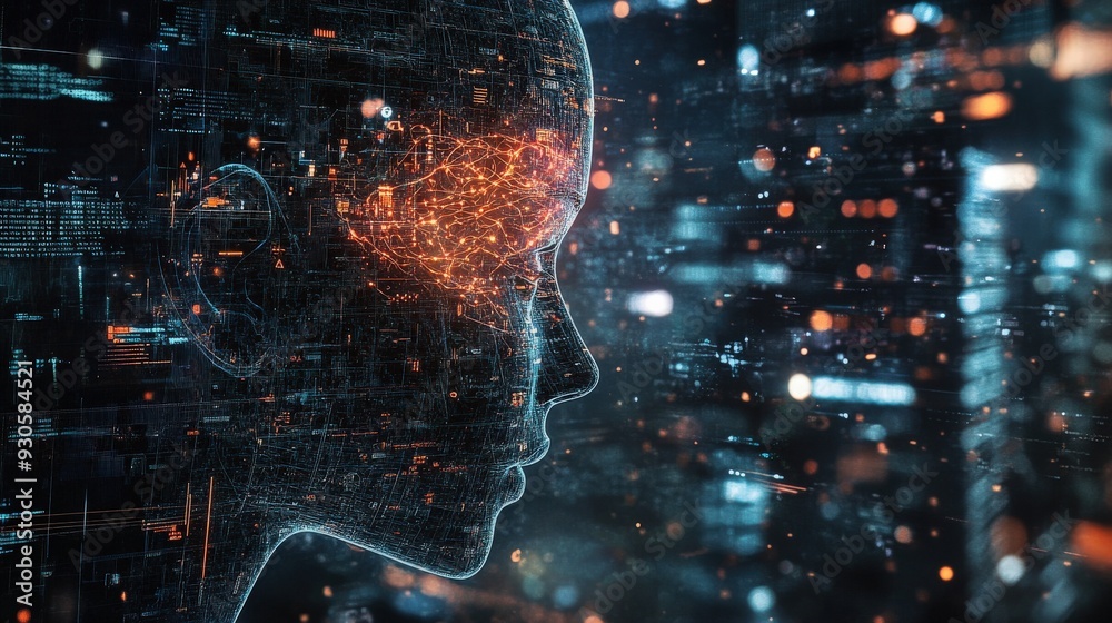 Poster a person interacts with a neural interface, immersed in a glowing network of data within a vibrant, 