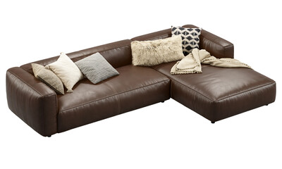 Modern brown leather upholstery sofa with chaise lounge. 3d render.