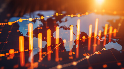 Global financial data visualization with rising charts on a world map at sunset