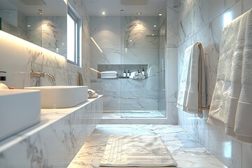 bathroom with marble sink and matching marble floors and walls with shower and frameless wall mirror, towel racks with clean towels and chrome fixtures, shower and LED lights 3D rendered.